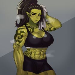 Rule 34 | 1girl, abs, absurdres, black hair, black shorts, black sports bra, breasts, cleavage, colored skin, ezzydraws, female orc, green skin, highres, holding, holding towel, large breasts, long hair, looking at viewer, midriff, muscular, muscular female, orc, original, pointy ears, ponytail, short shorts, shorts, shoulder tattoo, simple background, solo, sports bra, sportswear, tattoo, towel, tribal tattoo, yellow eyes