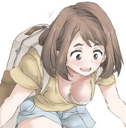 Rule 34 | 1girl, :d, accidental pervert, backpack, bag, bent over, boku no hero academia, bra, breasts, brown hair, casual, cleavage, denim, denim shorts, downblouse, elf (stroll in the woods), hanging breasts, light blush, medium breasts, open mouth, shirt, short eyebrows, short hair, shorts, simple background, smile, solo, teeth, thick eyebrows, underwear, upper teeth only, uraraka ochako, white background, yellow shirt