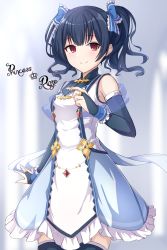 Rule 34 | 1girl, alisia0812, black gloves, blue dress, blue hair, blue ribbon, bridal gauntlets, character name, closed mouth, commentary, cowboy shot, dress, elbow gloves, english text, frilled cuffs, frilled dress, frilled ribbon, frills, gloves, hair ribbon, high collar, highres, idol, idolmaster, idolmaster shiny colors, looking at viewer, morino rinze, red eyes, ribbon, short dress, short hair, sleeveless, sleeveless dress, smile, solo, standing, twintails, wavy hair