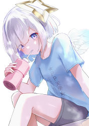 Rule 34 | 1girl, absurdres, amane kanata, black shorts, blouse, blue hair, blue shirt, bottle, breasts, clothes writing, collarbone, commentary request, drinking, eyes visible through hair, feathered wings, feet out of frame, hair over one eye, highres, hilamaru, holding, holding bottle, hololive, looking at viewer, mini wings, multicolored hair, purple eyes, shirt, short shorts, short sleeves, shorts, simple background, sitting, small breasts, solo, sweat, translation request, two-tone hair, virtual youtuber, white background, white wings, wings