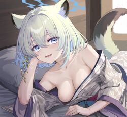 Rule 34 | 1girl, animal ears, bare shoulders, bath yukata, blue archive, blush, breasts, cleavage, green hair, hair between eyes, japanese clothes, kimono, long sleeves, looking at viewer, medium breasts, off shoulder, official alternate costume, open mouth, pillow, purple eyes, ryouta (ryouta335), shigure (blue archive), shigure (hot spring) (blue archive), short hair, solo, tail, weasel ears, weasel tail, wide sleeves, yukata