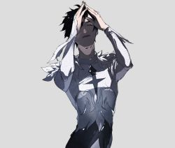Rule 34 | 10s, 1boy, black hair, bodysuit, closed eyes, en (enxxx), grey background, katsuki yuuri, male focus, open mouth, own hands together, simple background, solo, yuri!!! on ice