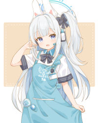 Rule 34 | 1girl, absurdres, angel&#039;s 24 uniform (blue archive), animal ear headphones, animal ears, apron, badge, black bow, black bowtie, blue apron, blue archive, blue eyes, blue hair, blue halo, blunt bangs, bow, bowtie, brown background, button badge, collared shirt, colored inner hair, commentary, fake animal ears, hair bow, halo, hand up, headphones, highres, holding, holding clothes, id card, light blue hair, looking at viewer, miyako (blue archive), multicolored hair, one side up, open mouth, rabbit ears, saekiya sabou, shirt, short sleeves, simple background, smile, striped bow, striped bowtie, striped clothes, two-tone background, upper body, white background, white shirt