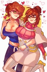 Rule 34 | 10s, 2girls, artist name, bandages, boots, bracelet, breasts, brown eyes, cosplay, costume switch, creatures (company), game freak, glasses, green eyes, heart, highres, jewelry, large breasts, mei (overwatch), mei (overwatch) (cosplay), mom0ka, multiple girls, nintendo, overwatch, overwatch 1, plump, pokemon, pokemon sm, purple hair, ribbed sweater, sweater, turtleneck, wicke (pokemon), wicke (pokemon) (cosplay), yagi (kyuhyun)