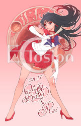 Rule 34 | 1girl, artist name, bishoujo senshi sailor moon, black eyes, black hair, bow, brooch, character name, choker, dated, earrings, eclosion, elbow gloves, expressionless, full body, gloves, happy birthday, heart, heart brooch, high heels, highres, hino rei, jewelry, leaning forward, long hair, looking at viewer, magical girl, ofuda, pleated skirt, purple bow, red background, red bow, red footwear, red skirt, red theme, sailor collar, sailor mars, shoes, skirt, solo, standing, star (symbol), star earrings, super sailor mars, tiara, white gloves