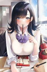 Rule 34 | 1girl, beige vest, black jacket, blue eyes, blush, bulletin board, classroom, collared shirt, commentary request, desk, food, food in mouth, gift, highres, holding, holding pencil, in mouth, indoors, jacket, long hair, looking at viewer, notebook, original, parted bangs, pencil, pocky, pocky in mouth, pov, school desk, school uniform, shirt, sino42, sleeves rolled up, swept bangs, valentine, window