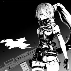Rule 34 | 1girl, covered mouth, dress, girls&#039; frontline, gloves, goggles, greyscale, gun, holding, holding weapon, looking at viewer, monochrome, pkp (girls&#039; frontline), short dress, side ponytail, solo, teruru (pixiv 6148103), thigh gap, thigh strap, thighs, weapon