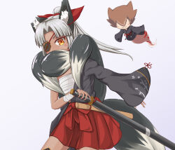 Rule 34 | 1girl, :&gt;, animal ear fluff, animal ears, black kimono, black tail, blush stickers, bow, breasts, brown hair, chest sarashi, commentary request, cowboy shot, dark-skinned female, dark skin, fighting stance, fox ears, fox girl, grey hair, hair bow, hair over eyes, hakama, hakama skirt, halcyon (halcyon90), high ponytail, izuna (mon-musu quest!), japanese clothes, katana, kimono, kudagitsune, long sleeves, looking at viewer, metal eyepatch, mon-musu quest!, mon-musu quest: paradox, multiple tails, notched ear, orange eyes, parted bangs, ready to draw, red bow, red hakama, sarashi, sheath, sheathed, simple background, single off shoulder, skirt, small breasts, solo, sword, tail, weapon, white background, wrist wrap