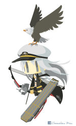 Rule 34 | 1girl, artist name, azur lane, bad id, bad pixiv id, bald eagle, bird, bow (weapon), chameleon man (three), chibi, commentary request, compound bow, eagle, enterprise (azur lane), flat cap, flat color, flight deck, full body, grey eyes, hat, jacket, long hair, long sleeves, no lineart, no mouth, simple background, weapon, white background, white hair