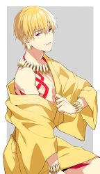 Rule 34 | 1boy, blonde hair, bracelet, earrings, fate/stay night, fate (series), gilgamesh (fate), grey background, highres, jewelry, lock, lock earrings, long sleeves, looking at viewer, male focus, natsuko (bluecandy), nipples, off shoulder, parted lips, red eyes, simple background, single bare shoulder, smile, solo, tattoo, wide sleeves