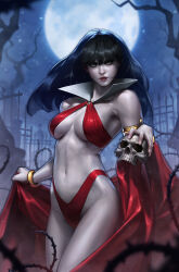 Rule 34 | 1girl, absurdres, bare tree, black hair, bra, bracelet, breasts, cape, cleavage, collar, fence, full moon, highres, holding, holding skull, iron fence, jee-hyung lee, jewelry, long hair, looking at viewer, medium breasts, moon, navel, night, outdoors, panties, red bra, red cape, red panties, revealing clothes, skull, thorns, tree, underwear, vampirella, vampirella (character)