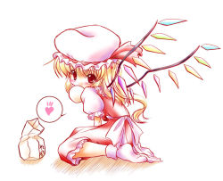 Rule 34 | 1girl, bag, blonde hair, blush, eating, female focus, flandre scarlet, food, full body, hat, hat ribbon, heart, looking at viewer, mob cap, puffy short sleeves, puffy sleeves, red eyes, red ribbon, ribbon, short sleeves, side ponytail, simple background, sitting, socks, solo, spoken heart, touhou, wariza, white background, white socks, wings, yume keikaku, yumeya honpo