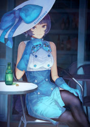 Rule 34 | 1girl, bare shoulders, black eyes, black hair, black pantyhose, blue gloves, blue ribbon, bottle, bow, breasts, chair, closed mouth, crossed legs, dress, earrings, elbow gloves, gloves, hand on own knee, hat, hat bow, highres, jewelry, kaoming, medium breasts, neck ribbon, on chair, outdoors, pantyhose, ribbon, short hair, sitting, sleeveless, sleeveless dress, smile, solo, sun hat, suntory, suntory nomu, table, two-tone dress, virtual youtuber, white hat