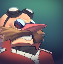 Rule 34 | 1boy, boa (brianoa), dr. eggman, facial hair, goggles, goggles on head, green background, highres, male focus, mustache, popped collar, portrait, round eyewear, simple background, smile, solo, sonic (series), sunglasses