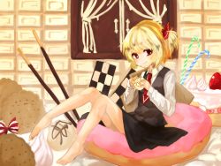 Rule 34 | 1girl, bad id, bad pixiv id, bare legs, barefoot, blonde hair, cake, cake slice, candy, candy cane, cookie, doughnut, eating, female focus, food, food on face, fruit, hair ribbon, highres, holding, holding cookie, holding food, in food, lispict, looking at viewer, mini person, minigirl, necktie, pocky, red eyes, ribbon, rumia, shirt, short hair, sitting, skirt, skirt set, solo, strawberry, strawberry shortcake, touhou, vest