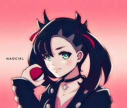 Rule 34 | 1girl, absurdres, artist name, asymmetrical bangs, black collar, black hair, black jacket, closed mouth, collar, collarbone, creatures (company), game freak, gradient background, green eyes, hair between eyes, highres, holding, holding poke ball, jacket, long hair, long sleeves, marnie (pokemon), naociel, nintendo, pink background, poke ball, pokemon, pokemon swsh, portrait, solo, twintails