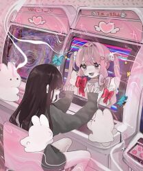 2girls arcade_cabinet black_hair blue_butterfly bow bug butterfly commentary_request fang hair_ornament hanataro_(sruvhqkehy1zied) heart heart_hair_ornament insect long_hair long_sleeves looking_at_another multiple_girls open_mouth original pink_bow pink_eyes pink_hair rabbit_hair_ornament red_bow sleeves_past_wrists sparkle stuffed_animal stuffed_rabbit stuffed_toy sweatdrop twintails