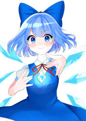 Rule 34 | 1girl, absurdres, blue dress, blue eyes, blue hair, blush, bow, cirno, dress, hair bow, highres, ice, looking at viewer, mikadotti, puffy short sleeves, puffy sleeves, red ribbon, ribbon, short hair, short sleeves, smile, solo, touhou, white background, wings, ||/