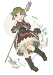 Rule 34 | 1girl, absurdres, armor, black eyes, black footwear, book, book strap, boots, brown dress, closed mouth, corset, detached sleeves, dress, flower, full body, gauntlets, green hair, hands up, highres, holding, holding staff, looking at viewer, netugen33, short twintails, shorts, solo, staff, standing, tatiana (unicorn overlord), twintails, unicorn overlord, vial, white background, white shorts
