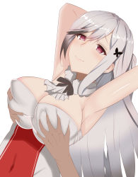 Rule 34 | 1girl, absurdres, alternate costume, areola slip, armpits, azur lane, breasts, cleavage, dress, dunkerque (azur lane), highres, large breasts, long hair, purple eyes, silver hair, simple background, smile, solo, solo focus, tagme, tastysalt