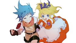 Rule 34 | 1boy, 1girl, absurdres, althea jade, blonde hair, blue eyes, blue hair, breath of fire, breath of fire iii, dress, elbow gloves, fingerless gloves, gloves, highres, long hair, looking at viewer, nina (breath of fire iii), open mouth, puffy sleeves, ryuu (breath of fire iii), short hair, simple background, smile, white background