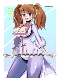 Rule 34 | 1girl, artist name, blush, breasts, brown eyes, brown hair, charlotte pudding, cleavage, curvy, dragodragodran, drill hair, happy, highres, large breasts, long hair, looking at viewer, lowleg, lowleg pants, one piece, open mouth, pants, shiny skin, simple background, standing, twintails, twitter username, very long hair, wide hips