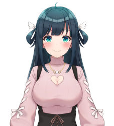 Rule 34 | 1girl, amano nene (vtuber), black hair, black skirt, blue eyes, blush, breasts, cleavage, cleavage cutout, closed mouth, clothing cutout, eyebrows hidden by hair, hair rings, heart cutout, highres, large breasts, long hair, long sleeves, looking at viewer, pink shirt, production kawaii, puffy long sleeves, puffy sleeves, shirt, simple background, skirt, smile, solo, suspender skirt, suspenders, turtleneck, upper body, virtual youtuber, white background, yukiunag1