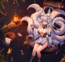 Rule 34 | 1girl, animal ear fluff, animal ears, azur lane, bare legs, bare shoulders, blue eyes, bow, breasts, bucket, cleavage, cleavage cutout, clothing cutout, cup, detached sleeves, dress, fangs, fox ears, fox girl, fox tail, hair bow, highres, holding, japanese clothes, kitsune, kyuubi, lamp, large breasts, long hair, long sleeves, looking at viewer, mole, mole on breast, multiple tails, pelvic curtain, revealing clothes, shinano (azur lane), short dress, side-tie peek, sitting, soaking feet, solo, tail, thighs, very long hair, water, wet, white dress, white hair, wide sleeves, wooden bucket, zerocat