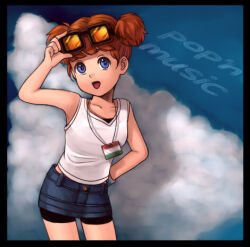 Rule 34 | 1girl, adjusting eyewear, bike shorts, blue eyes, brown hair, cloud, copyright name, denim, denim skirt, goggles, goggles on head, hand on own hip, hungarian flag, jewelry, lowres, necklace, open mouth, pop&#039;n music, shirt, short twintails, skirt, solo, tsubasa (pop&#039;n music), twintails, uniquedog101, white shirt, wristband