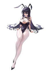 Rule 34 | 1girl, animal ears, black bow, black bowtie, black footwear, black hair, black leotard, blue eyes, bow, bowtie, breasts, detached collar, full body, heterochromia, high heels, highres, invisible chair, jikongmingxi suliuguang, large breasts, leotard, long hair, panty &amp; stocking with garterbelt, pantyhose, parted lips, playboy bunny, purple eyes, rabbit ears, side-tie leotard, sitting, solo, stocking (psg), white pantyhose, wrist cuffs