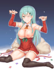 Rule 34 | 10s, 1girl, aqua hair, bar censor, bare shoulders, black thighhighs, blush, bow, breasts, breasts out, cai geng, censored, christmas, christmas tree hair ornament, cleavage, condom, condom packet strip, condom wrapper, covered navel, cum, cum on body, cum on breasts, cum on upper body, cum string, detached collar, disembodied penis, double handjob, elbow gloves, facial, fingerless gloves, fur-trimmed gloves, fur trim, gloves, green bow, green eyes, group sex, hair between eyes, hair ornament, handjob, highres, kantai collection, large breasts, licking lips, long hair, looking at viewer, mmf threesome, multiple penises, nipples, one eye closed, panties, penis, pink panties, pinky out, red gloves, sack, santa costume, sitting, solo, solo focus, suzuya (kancolle), thighhighs, threesome, tongue, tongue out, underwear