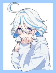 Rule 34 | 1girl, blue eyes, furina (genshin impact), genshin impact, glasses, heterochromia, hoodie, momosarami, upper body, white hair, white hoodie