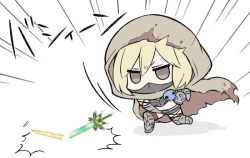 Rule 34 | 10s, 1girl, angry, belt, blonde hair, blood, blood on clothes, broken, broken sword, broken weapon, brown eyes, cape, chaos ruler (granblue fantasy), chibi, djeeta (granblue fantasy), granblue fantasy, hair between eyes, hood, mask, mouth mask, nejikirio, red thighhighs, short hair, simple background, skull, solo, sword, thighhighs, throwing, torn cape, torn clothes, weapon, white background