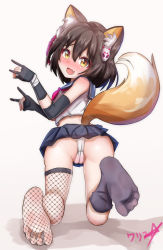 Rule 34 | 1girl, absurdres, animal ears, ass, blue archive, blush, boppin, cameltoe, cleft of venus, fang, feet, female focus, fishnets, fox ears, fox tail, from behind, full body, highres, izuna (blue archive), looking at viewer, looking back, medium hair, open mouth, panties, pantyshot, school uniform, serafuku, simple background, socks, soles, solo, tail, toes, underwear, yellow eyes