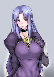 Rule 34 | 1girl, absurdres, black gloves, blue eyes, blue hair, braid, breasts, medea (fate), choker, collarbone, dress, fate/stay night, fate (series), gggg, gloves, hair intakes, highres, juliet sleeves, large breasts, long hair, long sleeves, looking at viewer, parted lips, pointy ears, puffy sleeves, purple dress, sidelocks, smile, solo, upper body