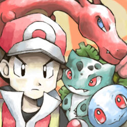 Rule 34 | 1boy, baseball cap, black eyes, black hair, blue eyes, bright pupils, charizard, claws, closed mouth, commentary, creatures (company), dragon, english commentary, fang, fang out, frown, game freak, gen 1 pokemon, hat, high collar, ivysaur, looking at viewer, nintendo, poke ball, poke ball (basic), pokemon, pokemon (creature), pokemon frlg, red (pokemon), red headwear, sailorclef, short hair, smile, squirtle, sugimori ken (style), super smash bros., turtle, two-tone headwear, white headwear, white pupils