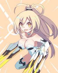 Rule 34 | 1girl, armpits, bare shoulders, blonde hair, bodysuit, breasts, cleavage, fang, highres, large breasts, long hair, neptune (series), pish, ponytail, shimeji wyvern, solo, yellow eyes, yellow heart (neptunia)