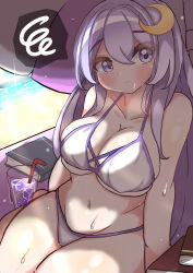 Rule 34 | 1girl, absurdres, alternate costume, bare shoulders, beach umbrella, bikini, blush, book, breasts, cleavage, closed mouth, collarbone, commentary request, crescent, crescent hair ornament, drink, drinking straw, frown, glass, hair ornament, highres, ice, ice cube, kkfri 2525, large breasts, long hair, looking at viewer, navel, no headwear, patchouli knowledge, purple eyes, purple hair, shadow, solo, spoken squiggle, squiggle, sunlight, sweat, swimsuit, touhou, umbrella, very long hair
