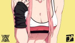 Rule 34 | 1girl, abs, breasts, collarbone, covered erect nipples, darling in the franxx, duplicate, head out of frame, j adsen, long hair, medium breasts, pink hair, sidelocks, simple background, sports bra, sportswear, straight hair, sweat, sweatdrop, zero two (darling in the franxx)