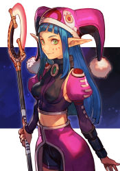Rule 34 | 1girl, blue hair, blunt bangs, facial mark, fonewearl, from side, green eyes, hat, holding, holding staff, hungry clicker, jester cap, long hair, looking at viewer, midriff, phantasy star, phantasy star online, rupika, solo, staff