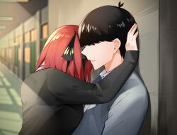Rule 34 | 1boy, 1girl, absurdres, antenna hair, black hair, black sweater, blue sweater, blurry, blurry background, breast press, breasts, brown eyes, butterfly hair ornament, commentary request, day, depth of field, from side, go-toubun no hanayome, hair ornament, hand on wall, hand up, heads together, hetero, highres, indoors, kabedon, large breasts, light rays, mame1645, medium hair, nakano nino, nose, open mouth, perspective, profile, red hair, school, school uniform, short hair, sleeves past wrists, straight hair, sunbeam, sunlight, sweater, swept bangs, two side up, uesugi fuutarou, upper body