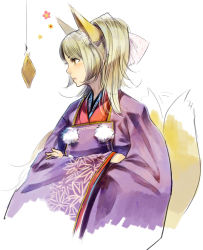 Rule 34 | 1girl, aburaage, animal ears, bad id, bad pixiv id, blonde hair, bow, crossed arms, food, fox ears, fox tail, hair bow, highres, hook, japanese clothes, kimono, long hair, multiple tails, original, portrait, profile, red eyes, simple background, solo, suzume yuu, tail, white background