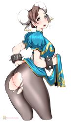 Rule 34 | 1girl, ass, ass focus, blush, bracelet, breath, brown eyes, brown hair, brown pantyhose, capcom, chun-li, double bun, earrings, hair bun, hand on own hip, heavy breathing, highres, jewelry, kenron toqueen, long eyelashes, open mouth, pantyhose, patreon username, puffy sleeves, short hair, simple background, single earring, solo, spiked bracelet, spikes, street fighter, teeth, tongue, torn, torn clothes, torn pantyhose, turtleneck, upper teeth only, white background