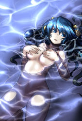 Rule 34 | 1girl, absurdres, blue eyes, blue hair, breasts, covering privates, covering breasts, highres, kaho, kaho (amal135), league of legends, matching hair/eyes, nude, partially submerged, solo, sona (league of legends), submerged, uncensored