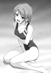 Rule 34 | 1girl, barefoot, between legs, blush, breasts, cleavage, collarbone, competition school swimsuit, full body, greyscale, hand between legs, highres, looking at viewer, love live!, love live! sunshine!!, medium breasts, monochrome, nanotsuki, one-piece swimsuit, open mouth, outline, school swimsuit, short hair, sitting, solo, sweat, swimsuit, tears, watanabe you