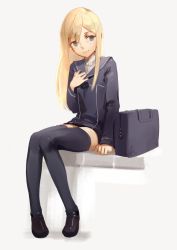 Rule 34 | 10s, 1girl, 3four, bag, black thighhighs, blonde hair, blue eyes, closed mouth, full body, hand on own chest, kantai collection, knees together feet apart, loafers, long hair, sailor collar, shirt, shoes, shorts, simple background, sitting, sleeves past wrists, smile, solo, thighhighs, u-511 (kancolle), white background