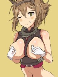 Rule 34 | 10s, 1girl, breastless clothes, breasts, covering privates, covering breasts, highres, kantai collection, mutsu (battleship), mutsu (kancolle), one eye closed, solo, sweatdrop, takahiro (rikky)