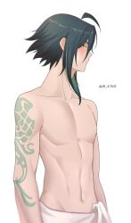 Rule 34 | 1boy, abs, black hair, genshin impact, green hair, highres, jk 4140, male focus, multicolored hair, muscular, muscular male, navel, short hair, solo, stomach, topless male, towel around waist, white background, xiao (genshin impact), yellow eyes