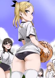Rule 34 | 10s, 4girls, :&lt;, asanagi, ass, back, ball, basketball, basketball (object), black hair, blonde hair, blue eyes, blue sky, blush, braid, breasts, buruma, cloud, day, fang, fang out, flat ass, glasses, gym uniform, hair ornament, hair ribbon, hairclip, highres, large breasts, looking at viewer, looking back, mole, mole under eye, multiple girls, outdoors, red eyes, ribbon, shirobako, sky, small breasts, smile, solo focus, sweat, thick thighs, thighhighs, thighs, twin braids, twintails, white legwear, yano erika