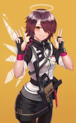 Rule 34 | 1girl, absurdres, arknights, black gloves, black pantyhose, black skirt, blush, breasts, brown background, brown eyes, brown hair, cowboy shot, double w, exusiai (arknights), fingerless gloves, gloves, goback, gun, hair over one eye, halo, hands up, highres, jacket, looking at viewer, pantyhose, parted lips, short hair, short sleeves, simple background, skirt, small breasts, smile, solo, w, weapon, weapon request, white jacket, white wings, wings